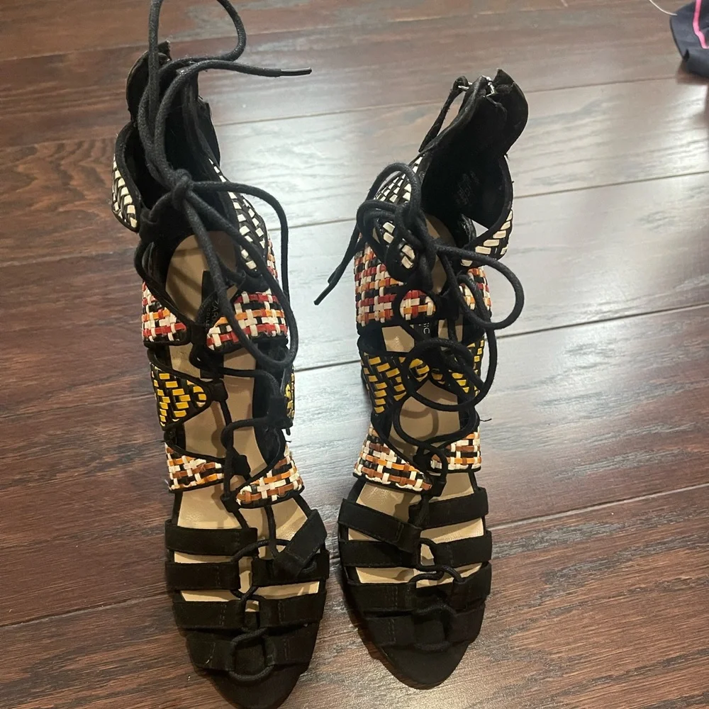 ZARA Women Lace Up Heels Black Aztec Woven Stilettos Sandals Size 36 /5.5